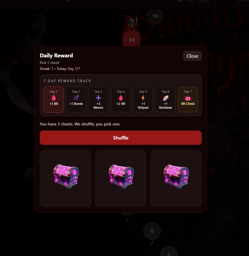 Bloody Rubynts Match-3 daily reward system